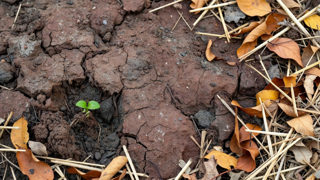 Gros plan sur une terre argileuse dense et légèrement craquelée bordée d'un paillage de feuilles et de paille, avec une jeune pousse verte