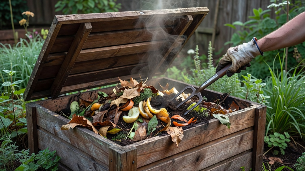 Composteur en bois ouvert au petit matin avec une fourche aérée plongée dans le tas de compost