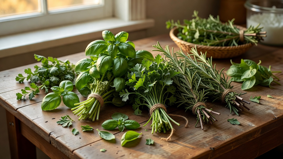 Aromates verts de fin de saison posés sur une table en bois, prêts à être triés