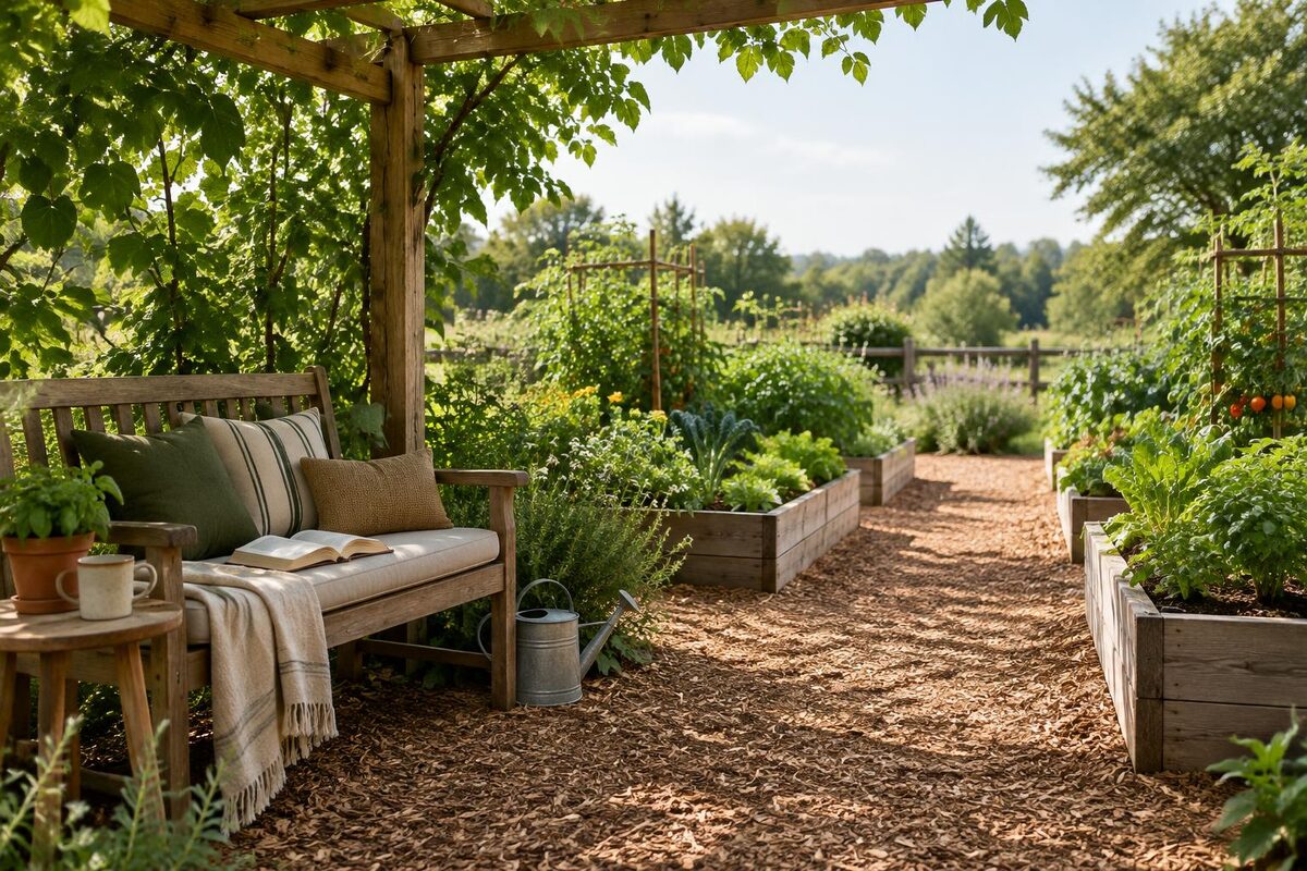 Coin lecture au potager : calme sans gêner les cultures