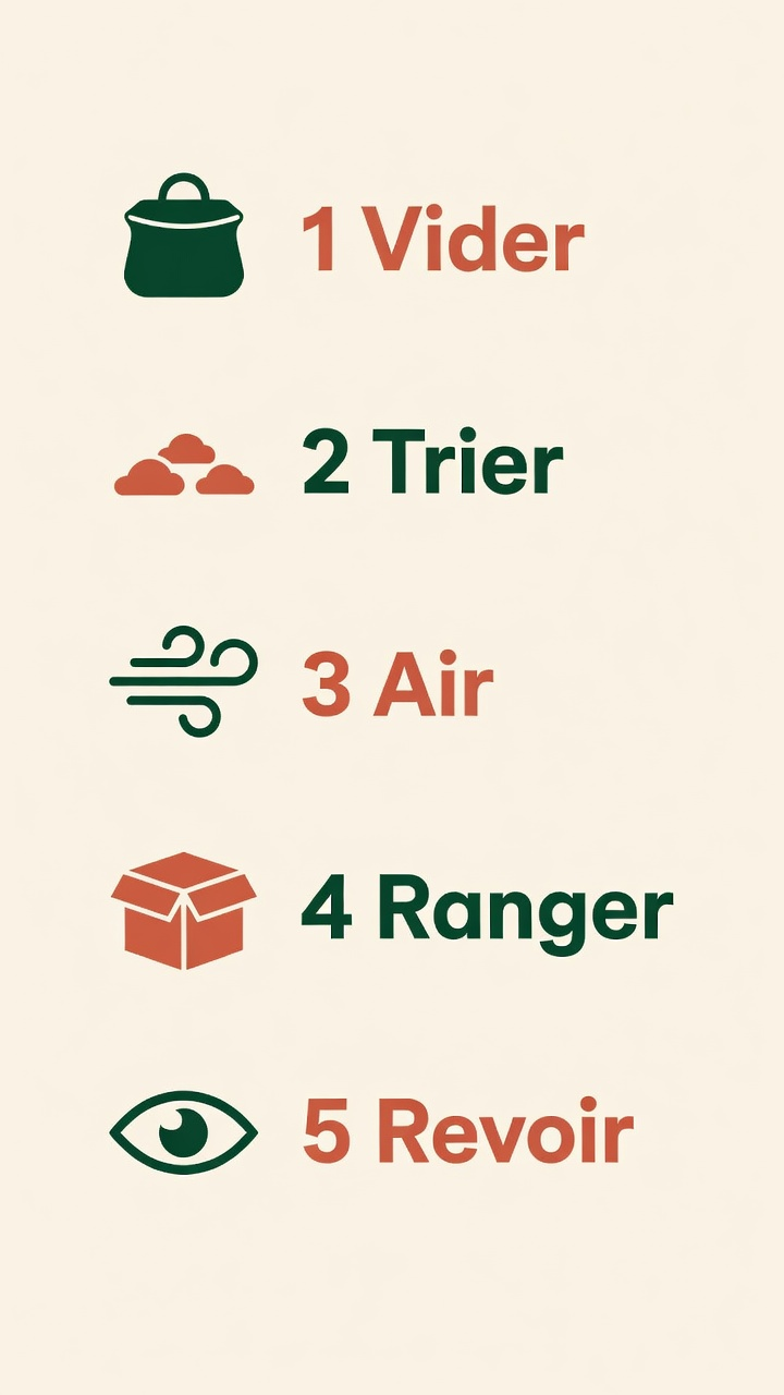Cinq étapes : vider le sac, trier, laisser l'air, ranger ouvert, revoir le lot.
