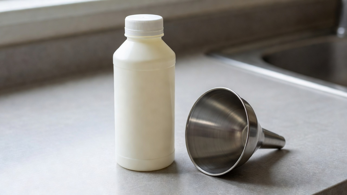 Bouteille fermée sans marque, entonnoir à côté, rien n'est versé.