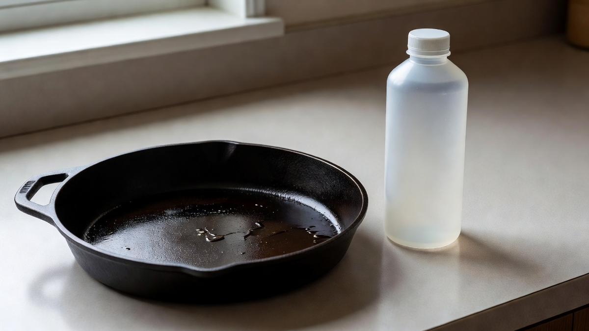 Poêle avec un fond d'huile et bouteille plastique fermée, sans étiquette.