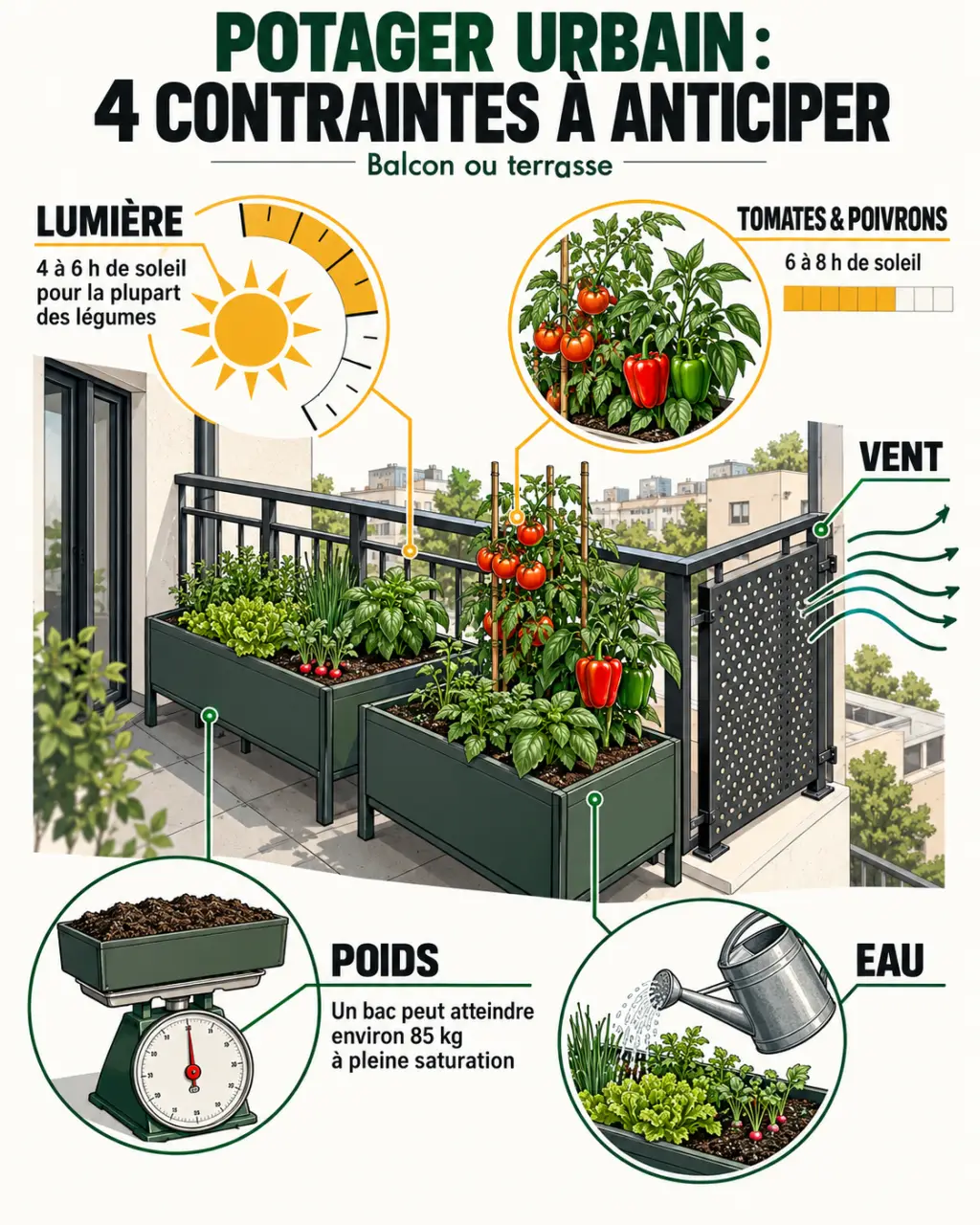 Infographie sur les contraintes d’un potager urbain sur balcon ou terrasse : lumière, poids, eau et vent