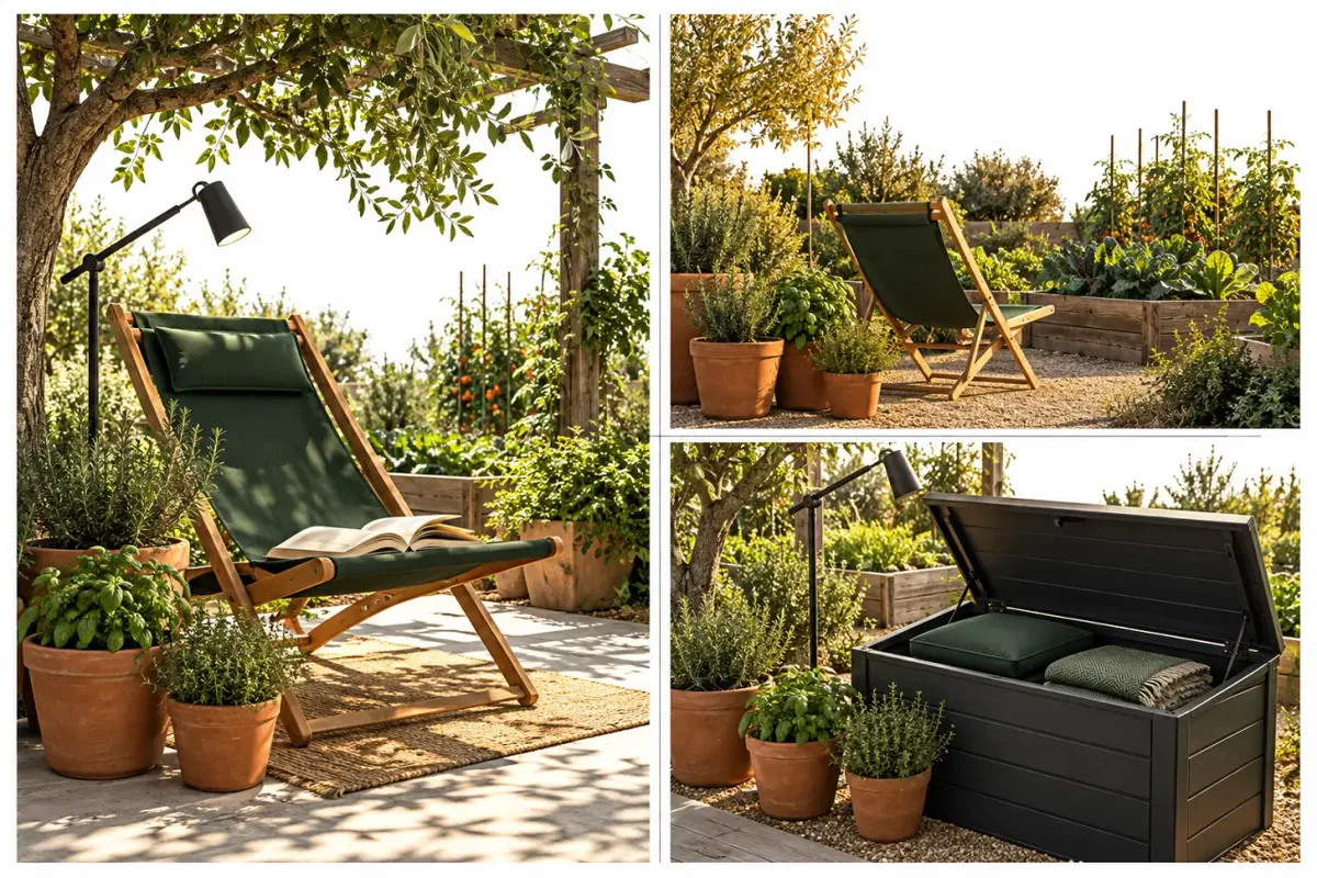 Coin lecture zen dans un jardin potager adapté à l’ombre, aux saisons et au rangement