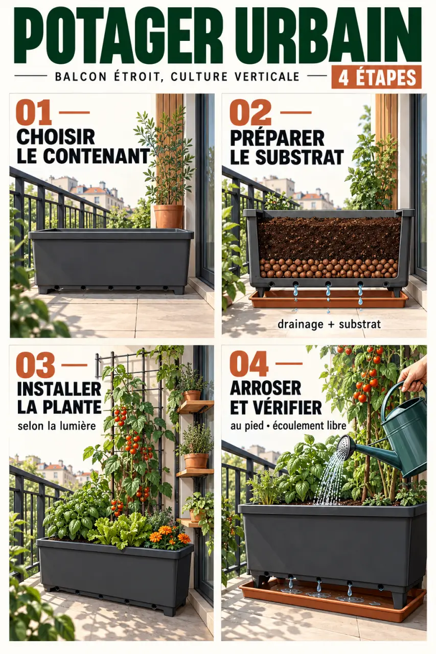 Étapes pour installer un potager urbain sur balcon ou terrasse avec contenants, drainage et treillis