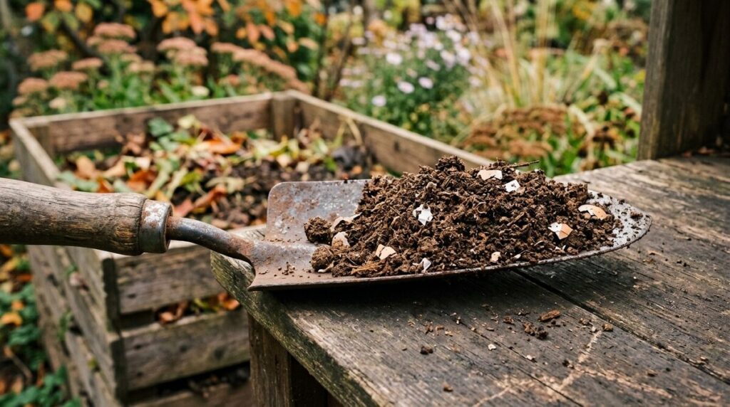Poignée de compost mûr sombre et grumeleux déposée sur une pelle de jardin
