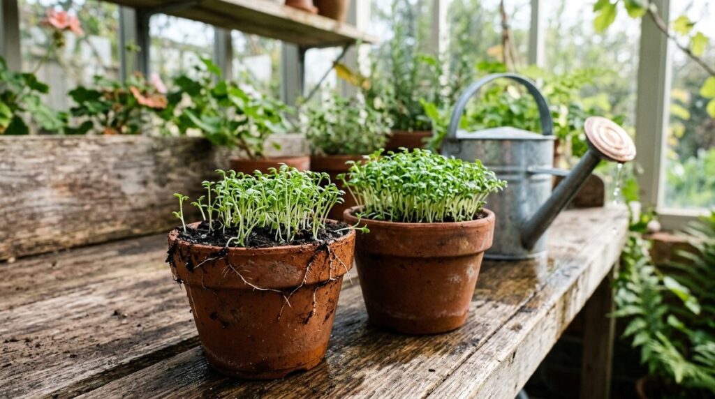 Pots de semis avec plantules de cresson pour tester la maturité du compost