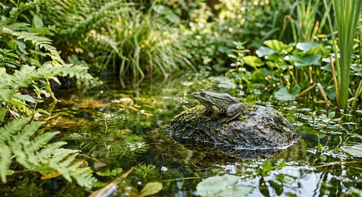 Grenouille verte posée sur une pierre immergée au bord d'une mare naturelle entourée de plantes aquatiques