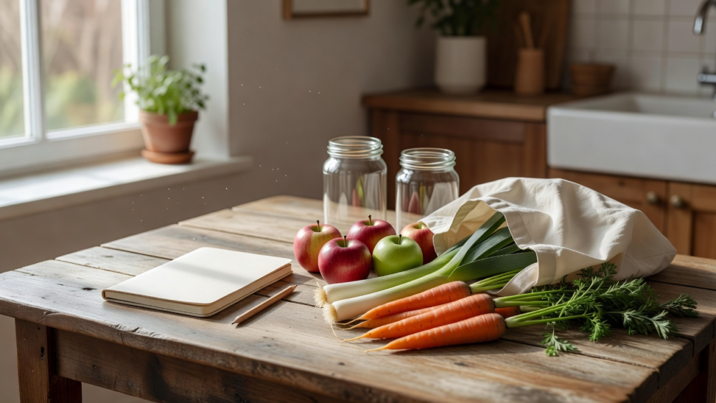 Liste de courses manuscrite près de sacs réutilisables sur un plan de cuisine