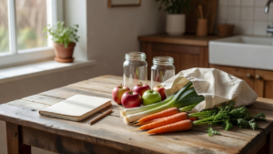Liste de courses manuscrite près de sacs réutilisables sur un plan de cuisine
