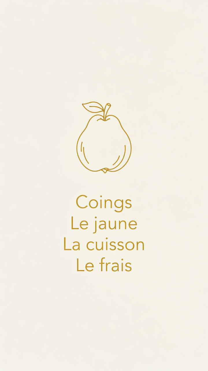 Schéma d'un coing : le jaune, la cuisson, le frais.
